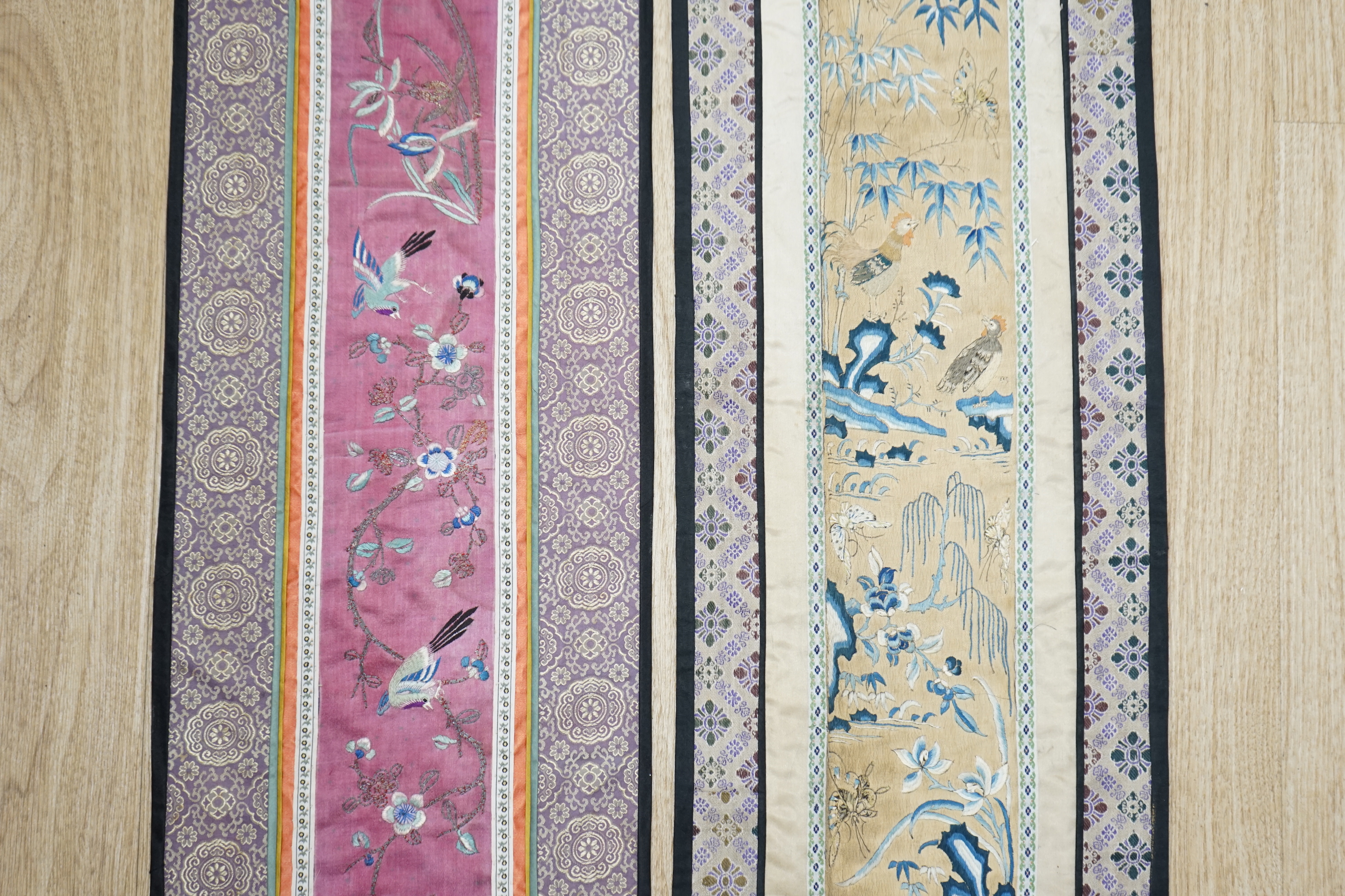 Two Chinese embroidered silk panels, largest 69x23cm